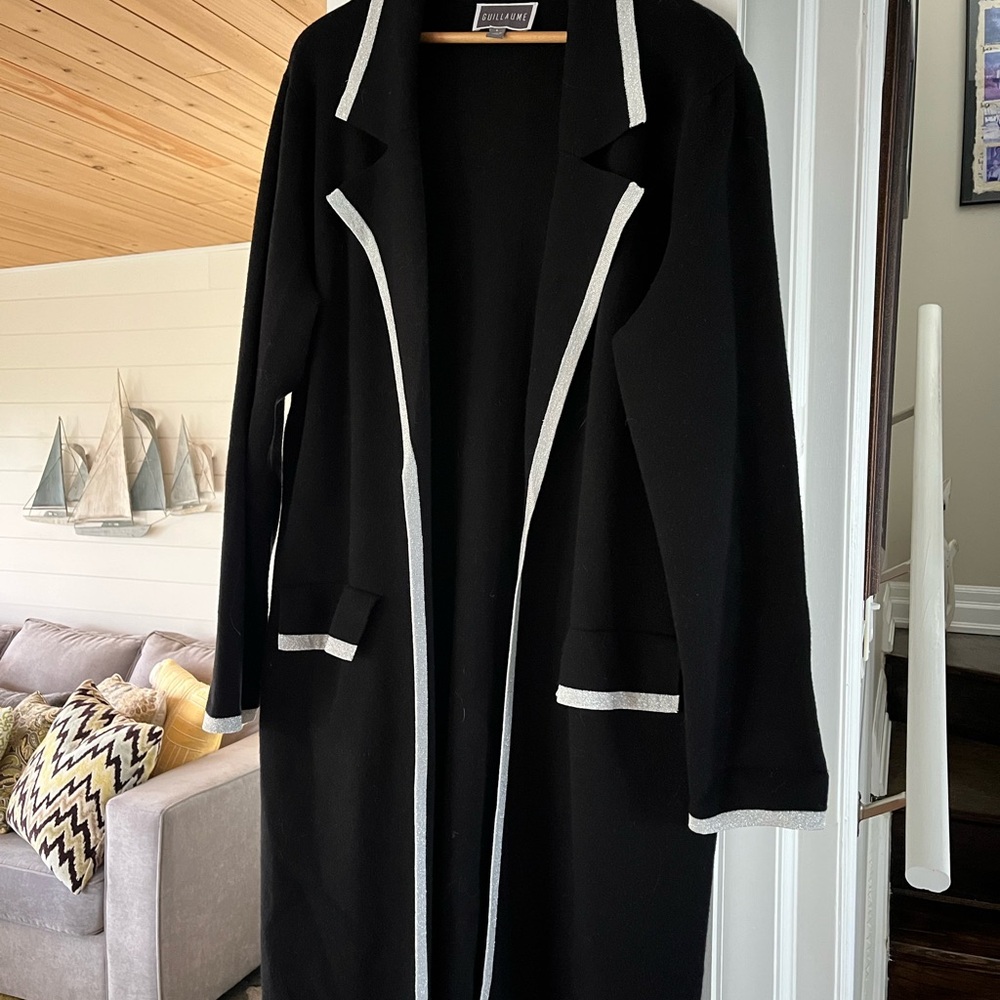 Guillaume Black Long Open Cardigan with sparkly silver Trim
